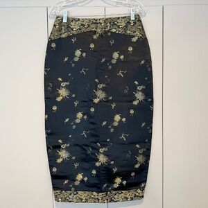 Vintage JADE EAST WEST Asian Gold Embroidered Black Satin Brocade Pencil Skirt M